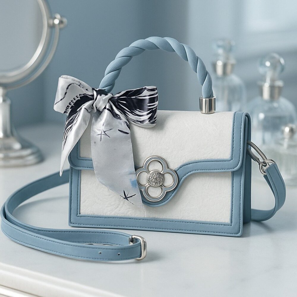 Chic Baby Blue/White Textures Floral Mini Crossbody Top Handle Bag w/Twilly - Picture 1 of 7